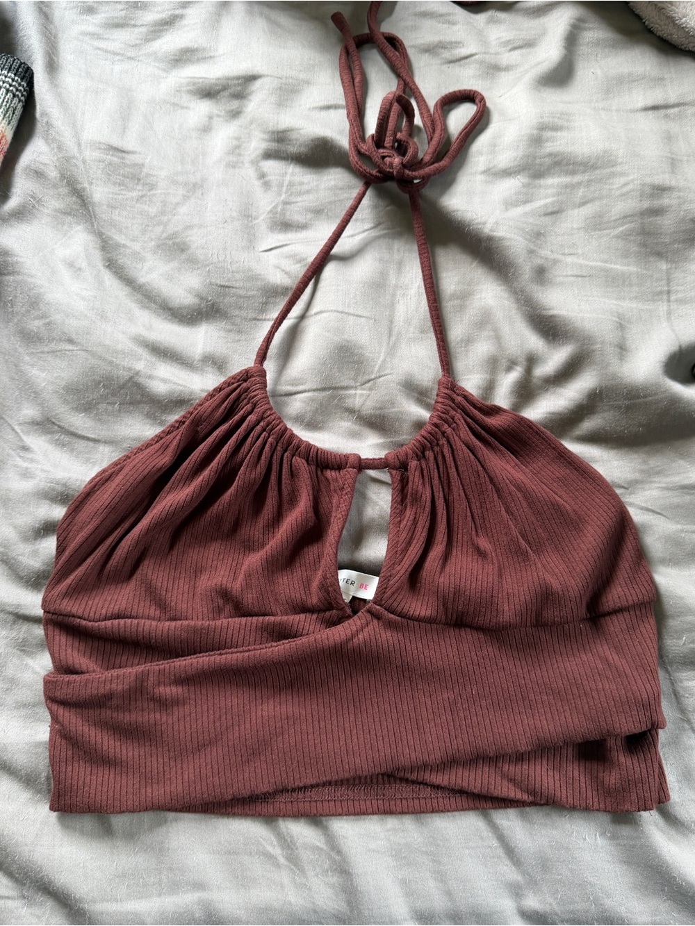 Ribbed Halter Crop Top in Brown